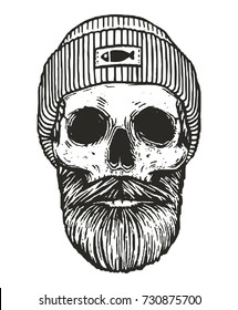 Monochrome Sailor Skull With Beards And Mustache