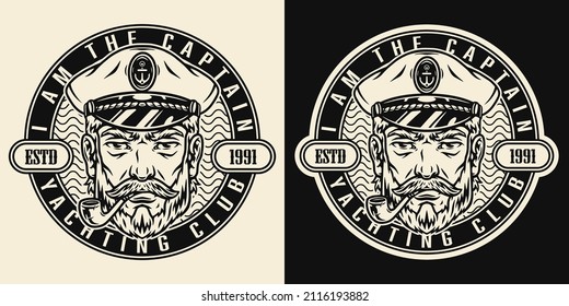 Monochrome sailor smoking pipe, marine label with sea captain hat isolated vintage vector illustration