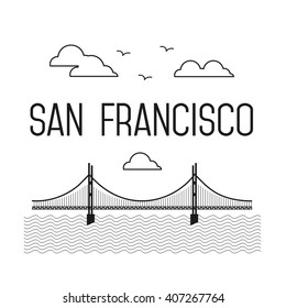 Monochrome San Francisco Golden Gate Bridge. San Francisco vector landmark illustration. Line flat style. San Francisco view. 