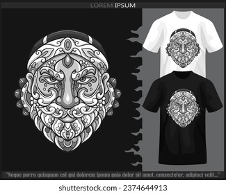 Monochrome Santa Claus head mandala arts isolated on black and white t shirt.