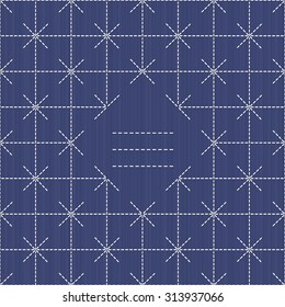 Monochrome sashiko motif with copy space for text. Japanese handiwork invitation. Text frame. Abstract japanese needlework. Decorative texture. Can be used as seamless pattern.