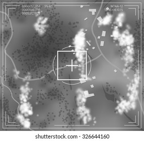Monochrome satellite image. Vector illustration of bird's-eye ground surface