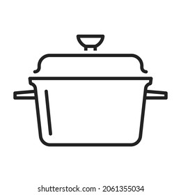 Monochrome saucepan icon line vector illustration. Simple contour cooking pot with lid and handles isolated on white. Kitchen household dishes for preparing meal. Kitchenware pan for soup dish