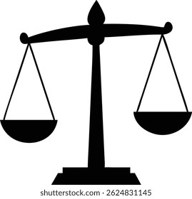 The monochrome scale of justice image showcases fair equilibrium with empty pans hanging equally, emphasizing balance and impartiality on a plain background.