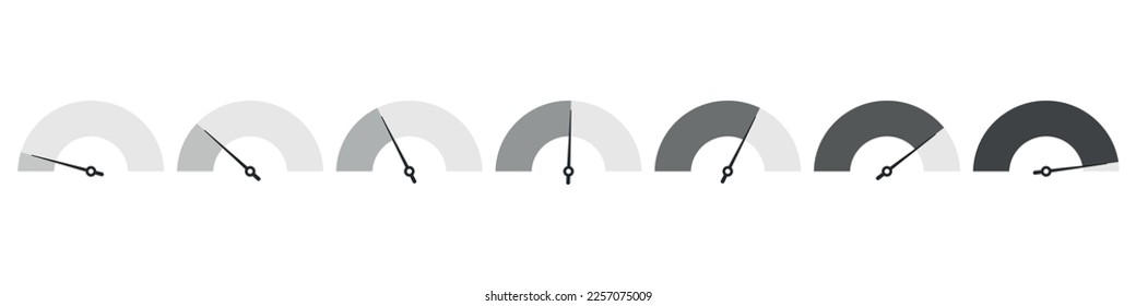 Monochrome Skalenmesser mit niedrigem, hohem und mittlerem Balken. Level Risk Graphen oder Kontrollqualität. Vektorgrafik einzeln
