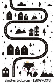 Monochrome Scandinavian vector maze. Cartoon roads with house, tree and car for kids. Vector maze cartoon poster. You can use it to print on the carpet for the decor of the children's room.