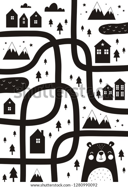 Monochrome Scandinavian vector maze. Cartoon roads\
with house, tree and car for kids. Vector maze cartoon poster. You\
can use it to print on the carpet for the decor of the children\'s\
room.