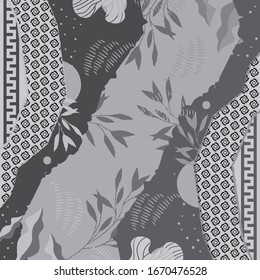 Monochrom-Scharfmuster-Design für Hijab mit Blatt und geometrischen Ornamenten