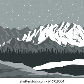 monochrome scene landscape background of far snowy mountains and lake