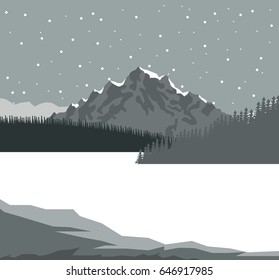 monochrome scene landscape background of mountains and snowy lake with starry sky