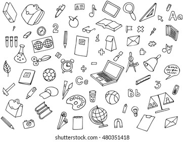 Monochrome school children background. Vector image of the many icons on the topic of education. Science and education areas paper stickers set illustration.