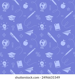Monochrome school seamless pattern design with math symbols. One color flat illustration of education elements on purple background.