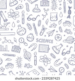 monochrome science seamless pattern with sketched doodles, cartoon elements for wallpaper, backgrounds, wrapping paper, packaging, prints, stationary, scrapbooking, etc. EPS 10