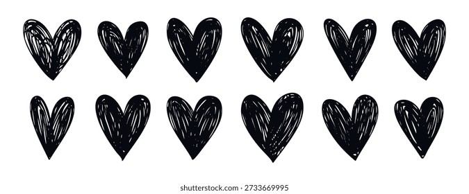 Monochrome scribble hearts set collection doodle hand drawn icon. Outline drawing heart line clipart symbol. Vector illustration
