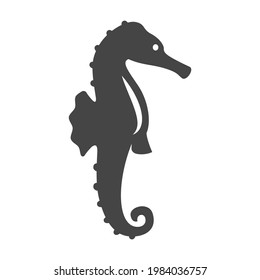 Monochrome sea horse icon vector flat illustration. Simple logotype of seahorse isolated on white. Aquatic wild underwater animal with tail. Nautical creature with fin. Silhouette of aquarium habitant