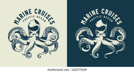 Monochrome sea life emblem with octopus in vintage style isolated vector illustration