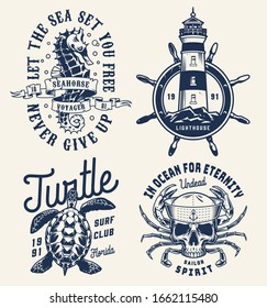 Monochrome sea and marine badges with seahorse lighthouse rudder turtle skull in sailor cap with crab limbs in vintage style isolated vector illustration