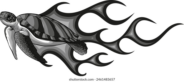 Monochrome sea turtle with flames on white background