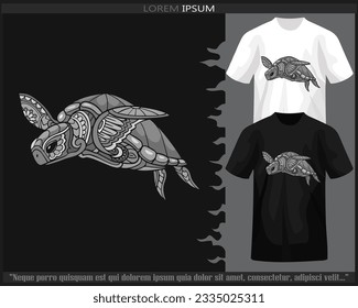 Monochrome sea turtle mandala arts isolated on black and white t shirt.