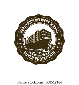 Monochrome seal with container cargo ship sign on white background. "Worldwide delivery service" and "Buyer protection" texts.
