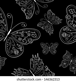 monochrome seamless abstract ornament with white hand drawing butterflies . Vector illustration
