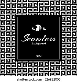 monochrome seamless art deco greek black and white fashion wallpaper or background with hipster label or badge for flayer poster logo or t-shirt apparel clothing print with lettering and helmet