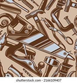 Monochrome seamless background with carpentry tools.Vector
