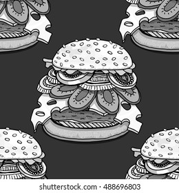 Monochrome Seamless background with cartoon style hamburgers. Vector illustration