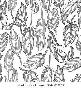 Monochrome seamless background with  feathers in linear style