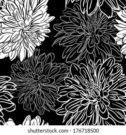 Monochrome seamless background with hand drawn  peonies flowers. Abstract vintage background with floral retro element. Vector illustration /EPS10