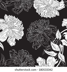 Monochrome seamless background hand drawn  peony flower.  Abstract vintage background with floral retro element. Vector illustration/EPS 8
