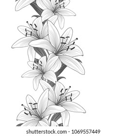 Monochrome seamless background with hand-drawn lily flowers.