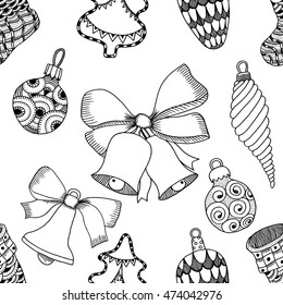 Monochrome Seamless background for the New Year holiday. Set elements for Merry Christmas and happy new year. Christmas Wreath