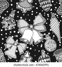 Monochrome Seamless background for the New Year holiday. Set elements for Merry Christmas and happy new year. Christmas Wreath