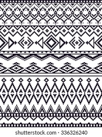 Monochrome seamless background with pixel pattern in aztec geometric tribal style. Vector illustration.