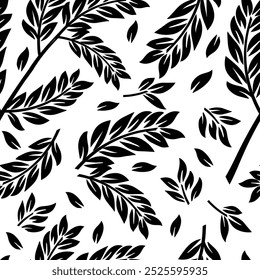 Monochrome seamless background twigs and leaves. hand drawing. Not AI, Vector illustration.