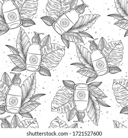Monochrome seamless black and white vector pattern with hand drawn alcohol gel sanitizer and tropical leaves