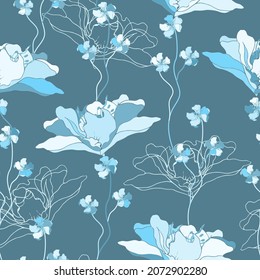 Patrón floral azul monocromo sin fisuras con flores grandes. Ilustración vectorial de un jardín de flores en colores frescos para la tela.