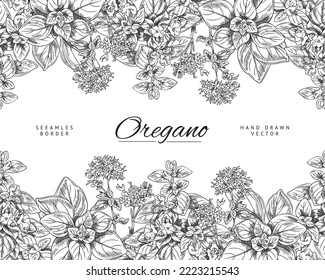 Monochrome seamless border with hand drawn oregano leaves and flowers sketch style, vector illustration on white background. Black outline decorative design, natural herbs
