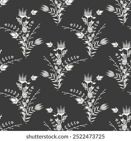 Monochrome seamless botanical pattern featuring hand-drawn floral elements in gray and white. The intricate design is elegant and vintage-inspired, perfect for timeless, nature-driven aesthetic.