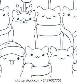 Monocromo Patrón de Navidades sin costura con lindos gatos en bufandas y sombreros. La textura sin fin se puede utilizar para el Fondo de pantalla, rellenos de patrón, fondo de página de Web, texturas de superficie. Ilustración vectorial EPS8