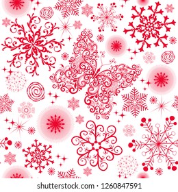 Monochrome seamless christmas pattern with red snowflakes and butterflies, vector eps 8