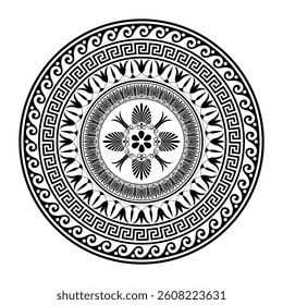 Monochrome seamless classic greek round floral meander ornament, key meander, wave meander. Circle of Ancient Greece, Roman Empire. Byzantine painting. For paper, embroidery, porcelain, textiles