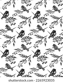 Monochrome seamless decorative pattern with birds and rowan berries on branches on white backdrop. Vector black tracery texture with bullfinches on stems. Folk art background for wallpaper and fabric