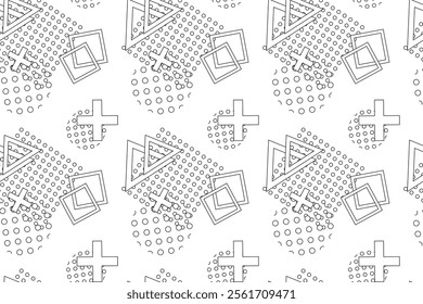 Monochrome seamless design featuring geometric shapes like circles, triangles, squares, and dotted patterns in a minimalist style.
