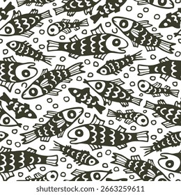 Monochrome Seamless fish pattern in doodle style. Vector illustration.