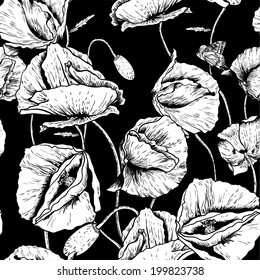 Monochrome Seamless floral background with beautiful poppy Nature background