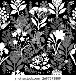 Monochrome seamless floral pattern. Hand drawn. Not AI, vector illustration