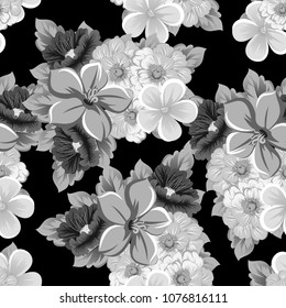 monochrome seamless floral pattern on black background. For your design of fabrics, clothing. Postcards, greeting cards and invitations for birthday, wedding, Valentine's day. Vector illustration.