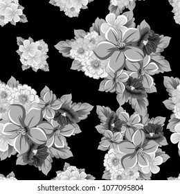 monochrome seamless floral pattern on black background. For your design of fabrics, clothing. Postcards, greeting cards and invitations for birthday, wedding, Valentine's day. Vector illustration.